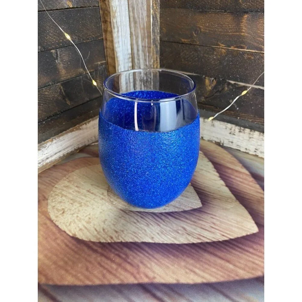 Blue Glitter Stemless Wine Glass Glitter Handmade 20.5oz